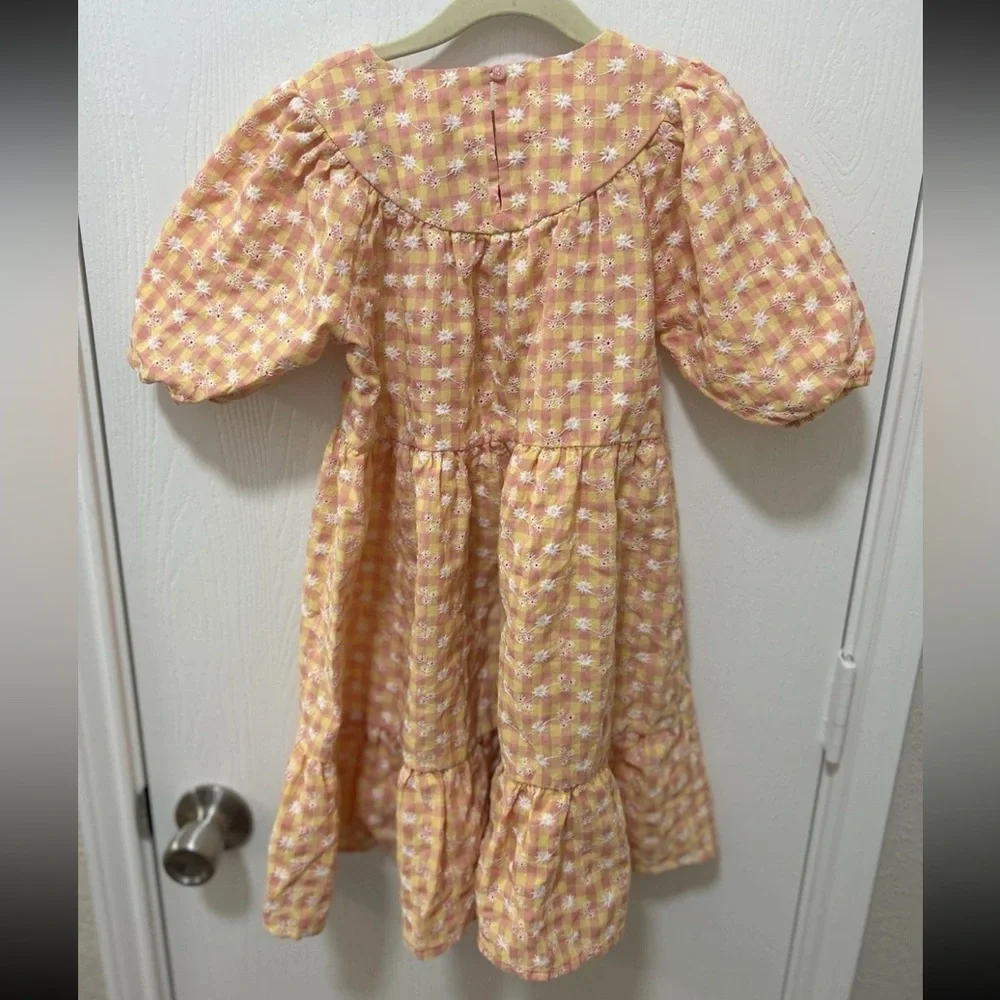 Zara Dress Girls Size 4-5yrs Yellow Pink Gingham Floral Embroidery Easter Spring